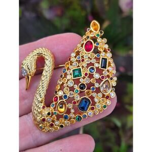 Limited Edition Swarovski Crystal Centenary Multicolor Rhinestones Swan Brooch